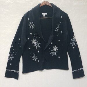 Charter Club Sweater Womens M Wool button‎ Snowflakes Black White Jacket